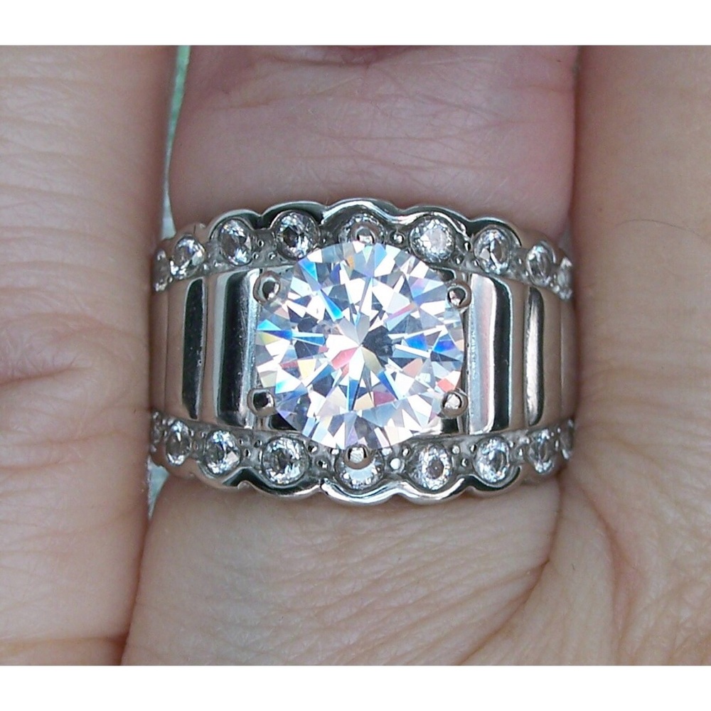 STAINLESS STEEL Round Cut Cubic Zirconia Wide Band Ring - Picture 13 of 16